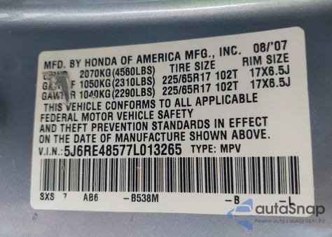 2007 Honda Cr-V Ex z USA, uszkodzony, nr VIN 5J6RE48577L013265
